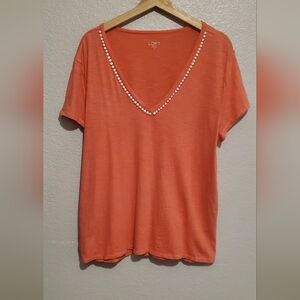 💚5/$25 LOFT Coral Pink V-Neck Tee with White Trim Size XL